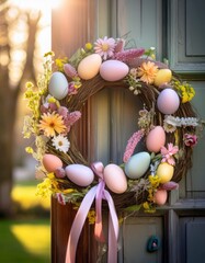 Obraz premium easter wreath on a wooden door