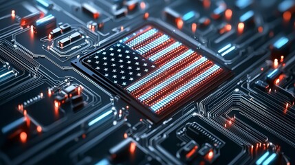 Technological integration of national identity american flag represented on circuit board digital art modern environment close-up view symbolism of patriotism and innovation