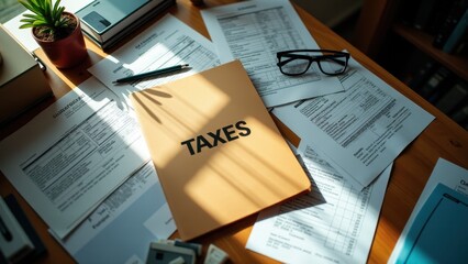 Folder labeled Taxes, High-angle view of a sunlit modern study folder Taxes receipts tools and vividly contrasting colors in sharp focus.