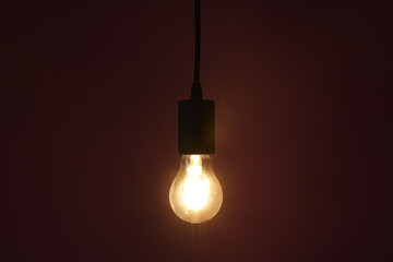 Glowing light bulb hanging on color background