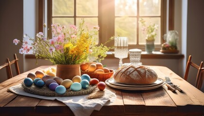 easter table setting with flowers