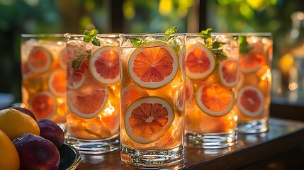 A lively summer gathering with punch drinks decorated with fruit slices and a variety of colorful confections