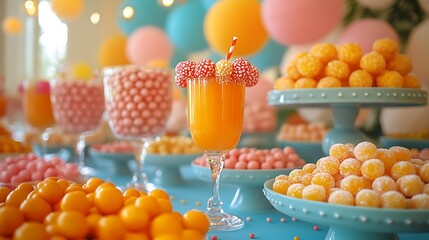 A cheerful party setting with candy-adorned punch glasses and a bright table filled with sweet delights