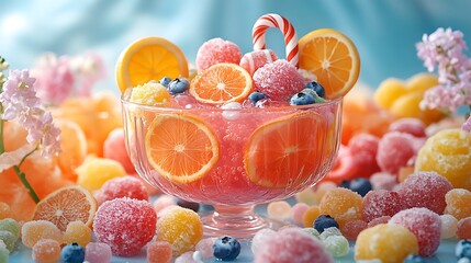 A dazzling summer punch bowl with floating fruit slices surrounded by colorful lollipops and candies