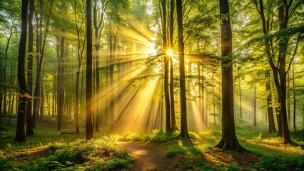 Obraz premium Golden sunbeams illuminate a tranquil woodland path, creating a mystical and serene atmosphere in a verdant forest