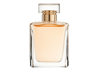 PNG cut out isolated background. A luxurious perfume bottle with a golden cap, featuring a transparent glass design filled with amber-colored liquid.
