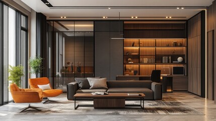 Modern Luxury Living Room Interior Design with Orange Accents and Built in Bookshelves