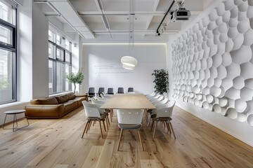 Modern office interior, white walls with hexagon-shaped sound-absorbing wall panels on the right and left sides of the room.
