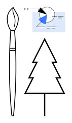 Artistic brush beside a geometric tree outline and abstract pie chart design with blue accents. Ideal for creativity, art, innovation, graphics, nature, design thinking, and balance. Flat simple