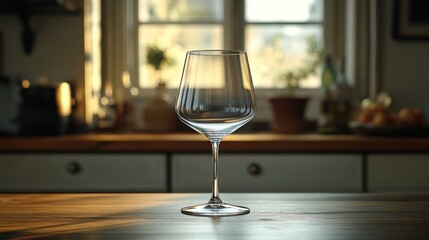 Empty wine glass on a kitchen table
