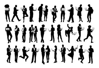 Silhouettes of diverse business people standing, walking, running with laptop computers. Men and women in different poses. Vector black outline illustrations isolated on wtransparent background.