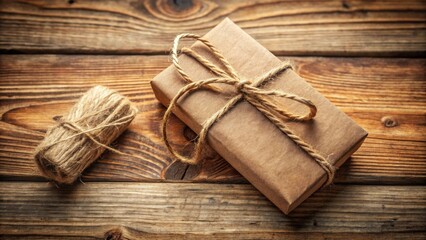 Rustic Gift Package Tied with Natural Twine on Weathered Wooden Surface