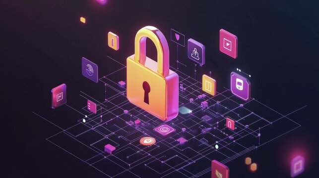 Unlocking innovation a lock hovering above a tech icon matrix digital realm infographic view technology concept