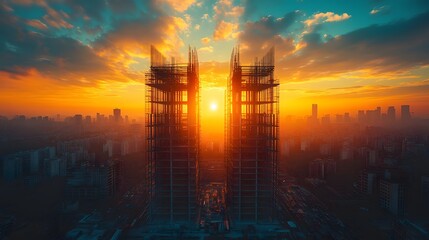 Workers installing pre-engineered steel structures in record time, showcasing efficiency in modern construction, hyper-realistic