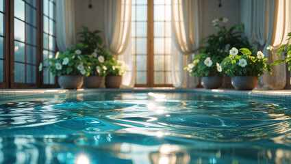 A tranquil indoor pool reflects sunlight and flowers, creating a relaxing and luxurious spa atmosphere.