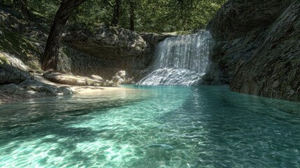 Fototapeta premium Pristine waterfall cascading into turquoise pool, forest backdrop. Possible use nature, travel, serenity