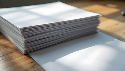 Neatly Stacked Blank Papers on Wooden Surface