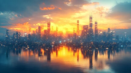 Fototapeta premium A futuristic cityscape being built rapidly with prefabricated steel modules, demonstrating advanced technology, high-resolution