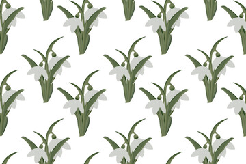 Pattern Flowers Snowdrops, First Spring, green, white delicate, leaves, stem, flower, vector illustration