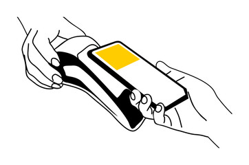 Contactless payment. Hand with smart phone making payment by POS Point Of Sale terminal. Wireless, cashless payments, nfc. Digital transaction and transfer concept. Hand drawn vector.