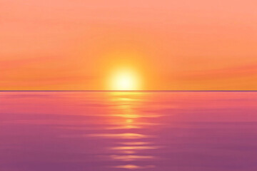 Serene sunset over calm ocean waters, blending hues of orange and pink, creating a tranquil scene