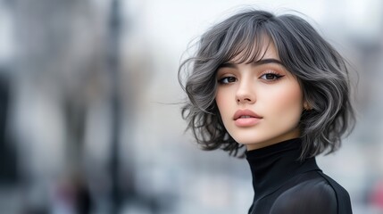 Obraz premium Portrait of a young woman with stylish gray hair, expressive eyes, and soft makeup, set against a blurred city background in a fashionable outfit