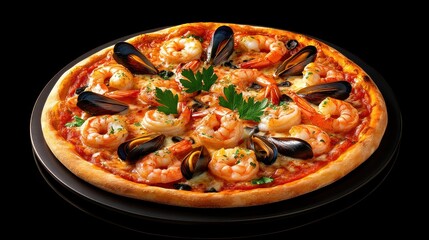 Seafood Pizza with Mussels, Shrimp, and Parsley Garni