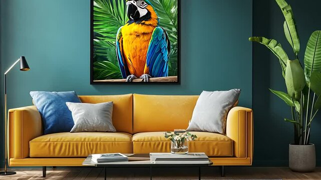A vibrant living room featuring a yellow sofa, decorative plants, and a parrot painting.