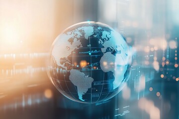 Futuristic digital globe with data visualization elements representing global communication and technology in a modern business environment