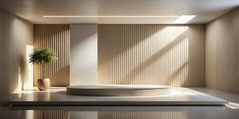 Fototapeta premium Minimalist interior design with a circular platform and potted plant, bathed in sunlight streaming through a skylight