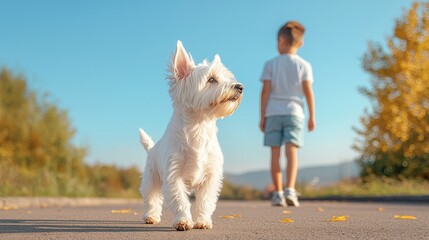 West Highland White Terrier walking with boy on sunny path.