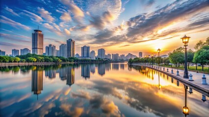 Fototapeta premium Serene Urban Dawn Golden Sunrise Reflected on Calm Waters, Modern Skyline, and Tree-Lined Promenade