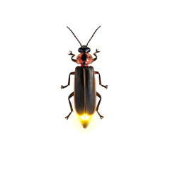 A firefly with a glowing abdomen is centered against a clean white background, showcasing its unique features