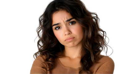 Woman Shows Disappointment, Isolated on White; Sadness, Frustration, Emotion, Feeling, Expression, Portrait,  Girl, Face,  Young,  Woman's,  Mood,  Isolated Background