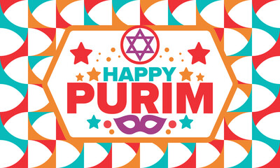 Obraz premium Purim. Happy Purim. Traditional Jewish religious holiday. Star of David, Carnival mask. Israel history. Сelebrated by a masquerade and festival. Poster art. Vector illustration