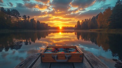 Fishing tackle box with vibrant lures and tools sitting on a wooden pier by a serene lake at sunset