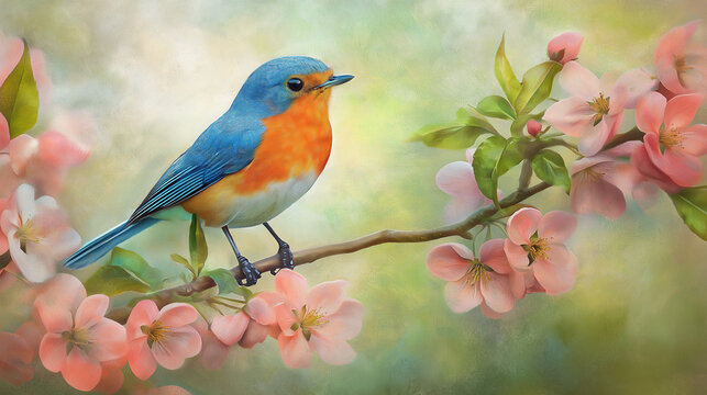 A beautiful colorful sparrow sitting on stem of a beautiful tree with flowers.
