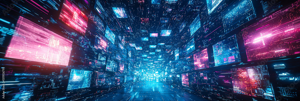 Poster A vibrant digital corridor lights up with glowing screens showcasing moving data patterns and abstract visuals in a futuristic setting