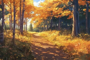 Fototapeta premium Vibrant autumn woodland path illuminated by sunlight in a serene forest setting
