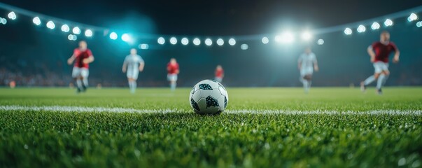 An action-packed soccer match under bright stadium lights with players in motion.