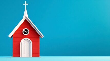 Small Red Church Model with White Door and Cross on Blue Background