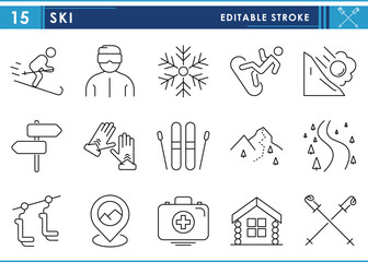 A set of line icons related to Ski. Skiing, slide, path, avalanche, kits, gloves, first aid, and so on. Vector editable stroke.
