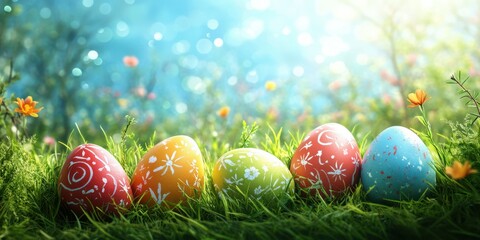 Colorful decorated Easter eggs arranged in a charming outdoor setting during springtime