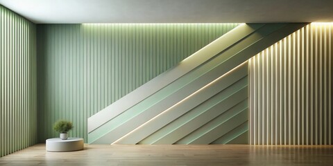 Obraz premium Serene Minimalist Interior Design Featuring a Modern Wall Panel with Subtle Lighting and a Small Plant on a Pedestal