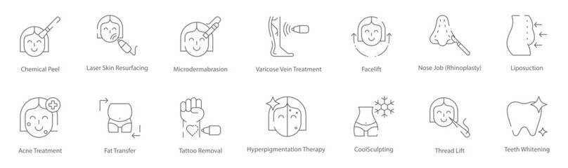 Chemical Peel, Laser Skin Resurfacing, Microdermabrasion, Varicose Vein Treatment, Rhinoplasty, and Hyperpigmentation Therapy Vector Icon Set