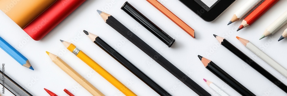 Poster creative tools scattered across an artistic workspace with brushes, pencils, and digital tablets arr