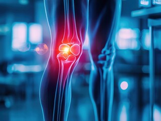 Illustration of a human knee joint, highlighting pain and medical insights.