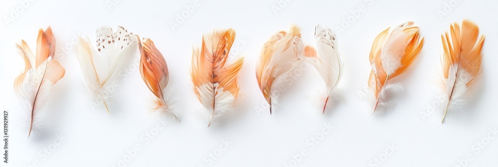 Poster Soft drifting feathers create a serene and dreamlike composition against a bright white background