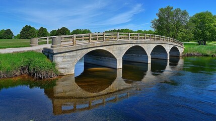 Fototapeta premium Springtime arched bridge over tranquil river, golf course in background