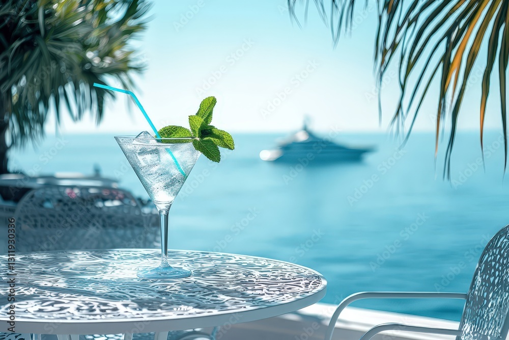 Poster a vibrant cocktail with fresh mint sits on a delicate table, overlooking a serene ocean view with a 